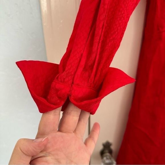 H&M Dress Red Satin Sheen Animal Print Long Sleeve FrenchCuff Faux Wrap Size 10 - Picture 8 of 12